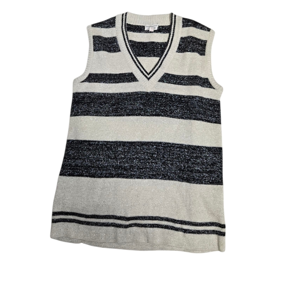 VINTAGE 60s metallic‎ black and white stripe v-neck Wednesday sweater vest S